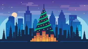 A vibrant city skyline illuminated at night with a large decorated Christmas tree in the foreground, surrounded by evergreen trees and a glowing ambiance vector