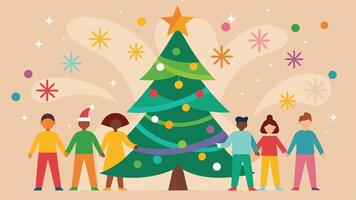 A diverse group of children joyfully standing in a circle around a decorated Christmas tree during a festive holiday gathering vector