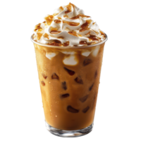 Delicious iced coffee topped with whipped cream and caramel drizzle png