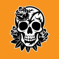 Black and White Skull with Roses on Orange Background vector