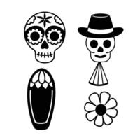 Day of the Dead Themed Illustration Set with Skull Designs, Hat, Flower, and Guitar vector