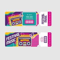 two festival music tickets with a cassette player and cassette tape vector