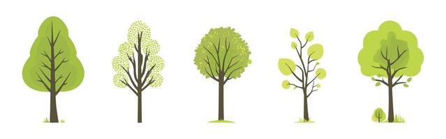 Set of green tree and leaf collection hand drawn simple flat design element. botanical set of bare trees and ones with leaves and lush green vector