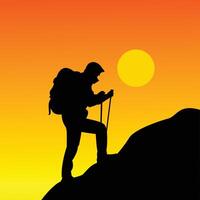 a man is climbing a mountain alone with a view of the sunset, mountain sticker vector