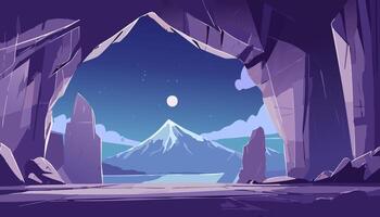 Mountains and cave at night illustration in cartoon style. vector