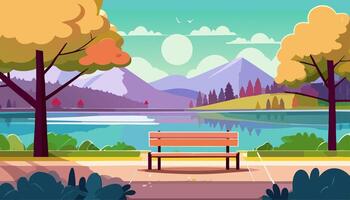 Bench in the park on a background of lake and mountains illustration. vector