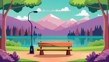 Park bench on lake shore with trees and mountains on background illustration vector