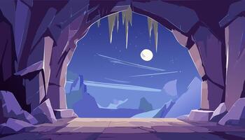 Cartoon cave with a full moon and mountains view in the night illustration. vector