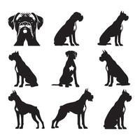 Solid black silhouette of a boxer dog resting on a clean white backdrop vector