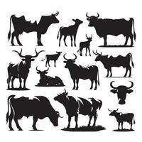Batch of cow silhouette illustrations set against a white backdrop vector