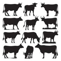 Cluster of cow silhouettes illustrated against a white background vector