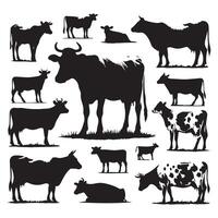 Series of silhouette illustrations showcasing cows on a white surface vector