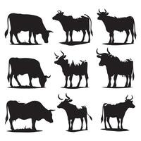 Set of cow illustrations in silhouette form featured on a white surface vector