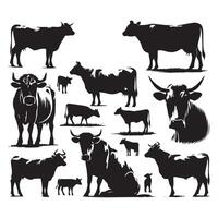 Selection of cow silhouette illustrations arranged on a white background vector