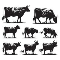 Compilation of cow silhouette graphics isolated with a white backdrop vector