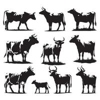 Selection of cow silhouette illustrations arranged on a white surface vector