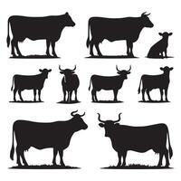 Collection of cow silhouette graphics isolated on a white canvas vector