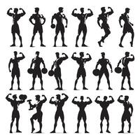 Set showcasing bodybuilder silhouettes vector