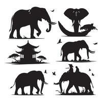 Set of elephant figures illustrated in silhouette on a white canvas vector