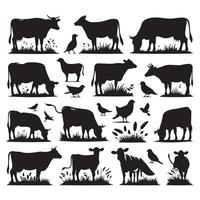 Group of illustrated cow silhouettes set against a white background vector