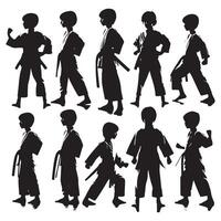 A display of silhouettes of young karate enthusiasts vector