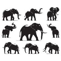 Set of elephant shapes outlined in black on a white canvas vector