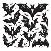 Set of bat illustrations featuring silhouette styles vector