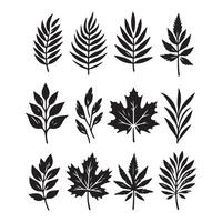 An array of silhouettes made of black leaves inked vector