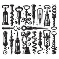 Black silhouette corkscrew set in various shapes vector