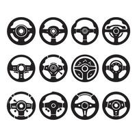 Compilation of car steering wheel silhouettes set on white background vector
