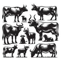 Set of cow figures silhouetted on a white canvas vector