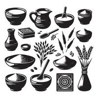Silhouette-style illustrations of clay rice set vector