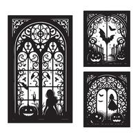 Display of Halloween-themed window silhouettes isolated on white background vector