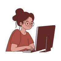 Girl Staff Cartoon Character Typing on Keyboard Working with Computer vector