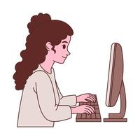 Beautiful Girl Employee Cartoon Character Typing on Keyboard Working with Computer vector