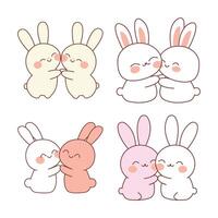 Cute Rabbit Bunny Love Couple Cartoon Character Hugging While Smiling vector