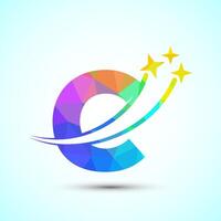 English alphabet C with swoosh and star sign. Shooting star logo design template low poly style vector