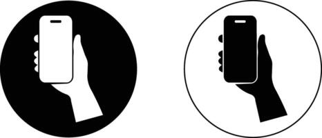 Human hand holding touchscreen mobile phone icons set for mock up, communication, element technology design black flat and line collection isolated vector