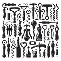 Assortment of corkscrews displayed in black silhouette vector