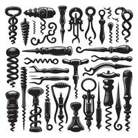 Variety of black silhouette corkscrews in different forms vector