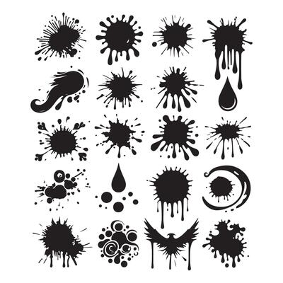 Silhouette design featuring various ink blots and drips