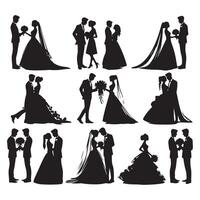 A series of silhouettes showcasing wedding couples vector