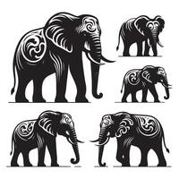 Display of isolated elephant silhouettes on a bright white backdrop vector