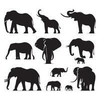 Batch of black and white elephant silhouettes on a white backdrop vector