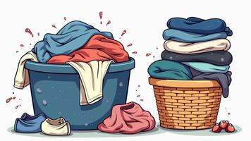 Set of flat illustrations depicting dirty and clean clothes, including a basket with washed clothing and apparel with stains. vector
