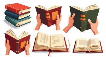 Collection of stacked books for reading, featuring educational texts like dictionaries and encyclopedias, perfectly isolated in a flat illustration. vector