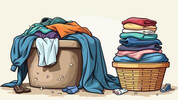 Flat illustrations set of dirty and clean clothes, featuring a laundry collection with piles of washed garments and stained apparel. vector