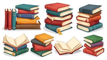 Set of literature featuring stacks of books, dictionaries, encyclopedias, and planners with bookmarks, illustrated in a flat style and isolated on white. vector