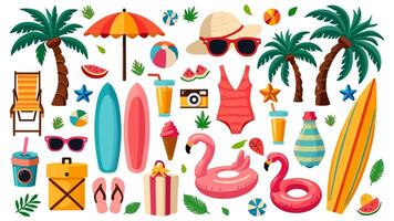 Cartoon summer elements, travel, beach, summertime accessory. Cocktails, ice cream and exotic fruits illustration set. Palm and serfing board. Umbrella and sunglasses vector
