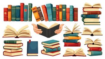 Stacks of books for reading, including a pile of textbooks for education, isolated on a white background in a colored flat illustration. vector